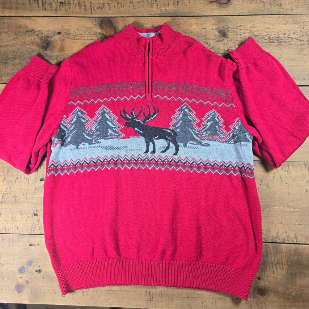Chaps Mens XXL Red Fair Isle Moose Tree Quarter Zip Cotton Sweater Mock Neck